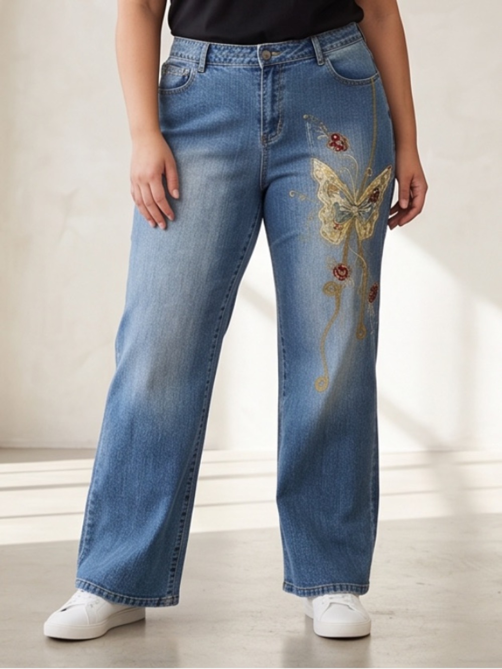 Size 16 Unique Butterfly Embroidery Venezia Blue Boot Cut Jeans Fairy De…